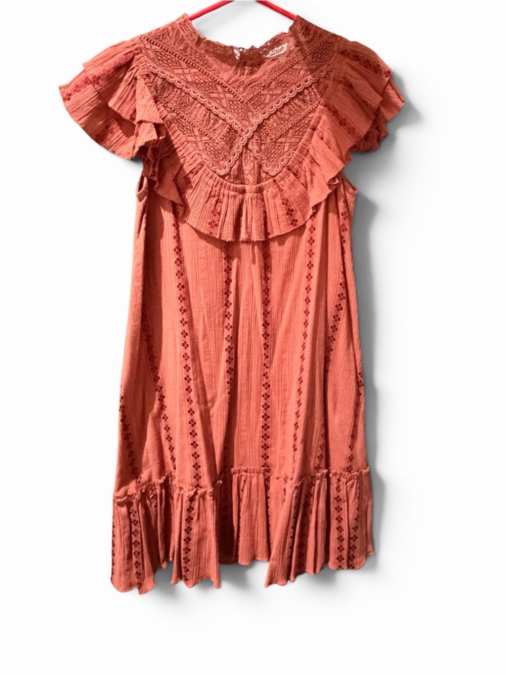 Anthropologie Othilia Rust Ruffle Lace Yoke Mini Dress - Picture 3 of 8